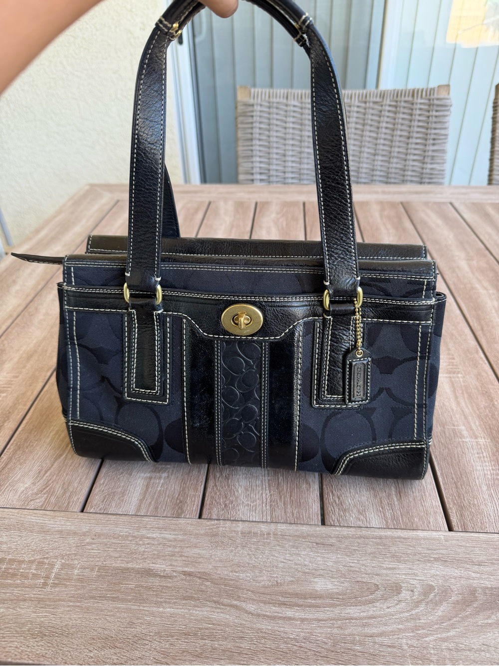 Coach Black Signature Canvas Shoulder Tote with Leather Trim and Brass Turnlock